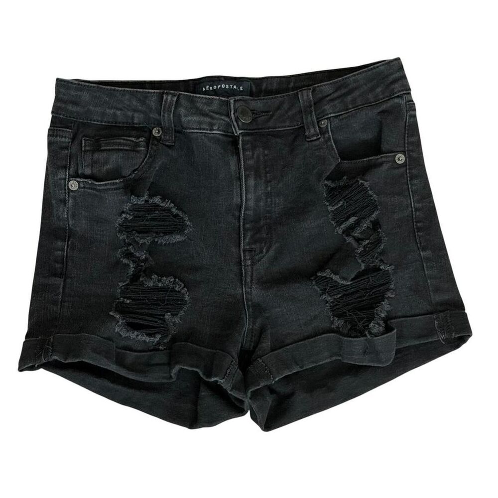 Aeropostale High Rise Midi distressed black denim shorts size 12